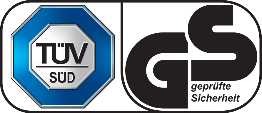 TÜV SÜD un GS sertifikāti: geprüfte Sicherheit (pārbaudīta drošība).