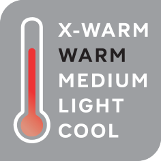 Termometrs ar siltuma līmeņiem: X-WARM, WARM, MEDIUM, LIGHT, COOL.
