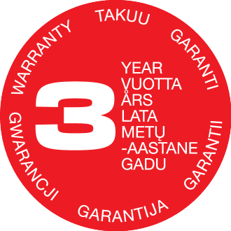 Sarkans zīmogs ar ciparu 3 un tekstu „YEAR“, „GARANTIJA“ un „TAKKUU“ vairākās valodās.