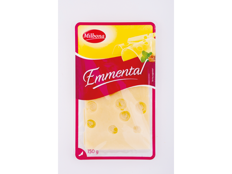 Milbona šķēlēs sagriezta Emmentāles siera 150 g iepakojums.