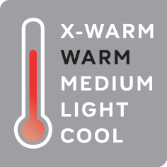 Termometrs ar atzīmēm X-WARM, WARM, MEDIUM, LIGHT, COOL.