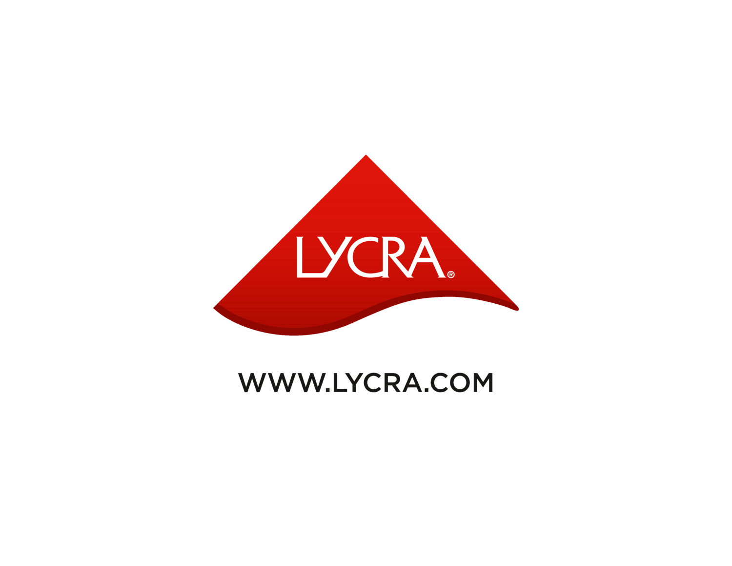 Sarkans trīsstūrveida logotips ar tekstu LYCRA® un tīmekļa adresi WWW.LYCRA.COM.