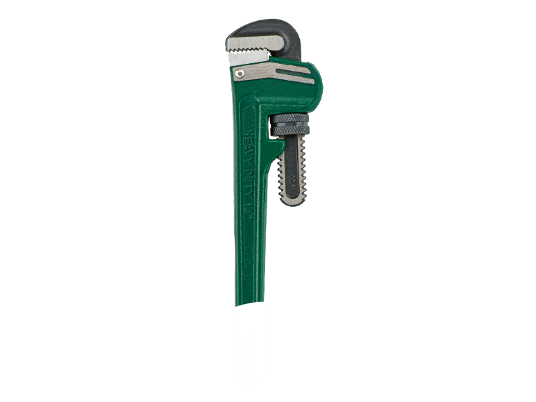 Zaļa regulējama cauruļu atslēga ar uzrakstu 'HEAVY DUTY 10'.