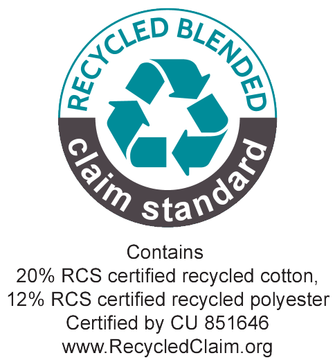 Recycled Blended Claim Standard zīmogs: 20% pārstrādātas kokvilnas, 12% pārstrādāta poliestera. Sertificēts ar CU 851646.