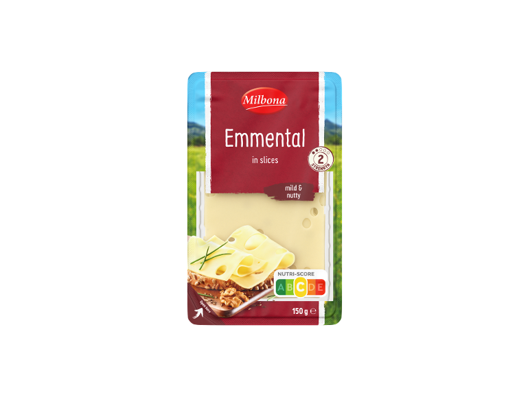 Emmentāles siera šķēles, maigas un riekstainas, ar Nutri-Score B un 150 g.