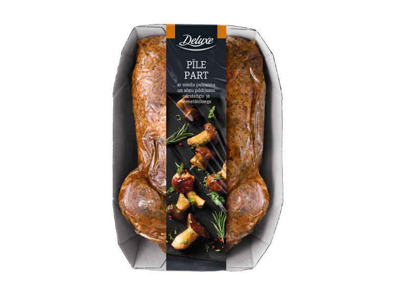 Deluxe pīle ar miežu putraimu un sēņu pildījumu iepakojumā.