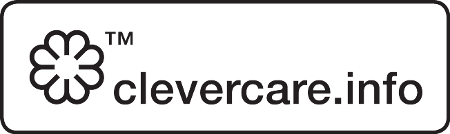 Logotips ar zieda formas simbolu un tekstu „TM clevercare.info“ uz taisnstūra etiķetes.