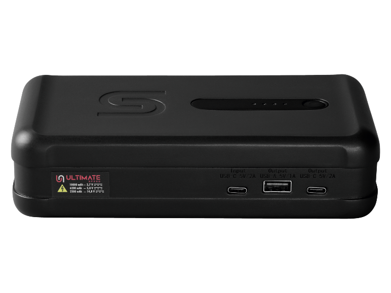 Melna ārējā baterija ar USB-C un USB-A pieslēgvietām, 10000 mAh ietilpība.
