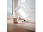 Balta tējkanna lej karstu ūdeni krūzē uz koka virsmas.