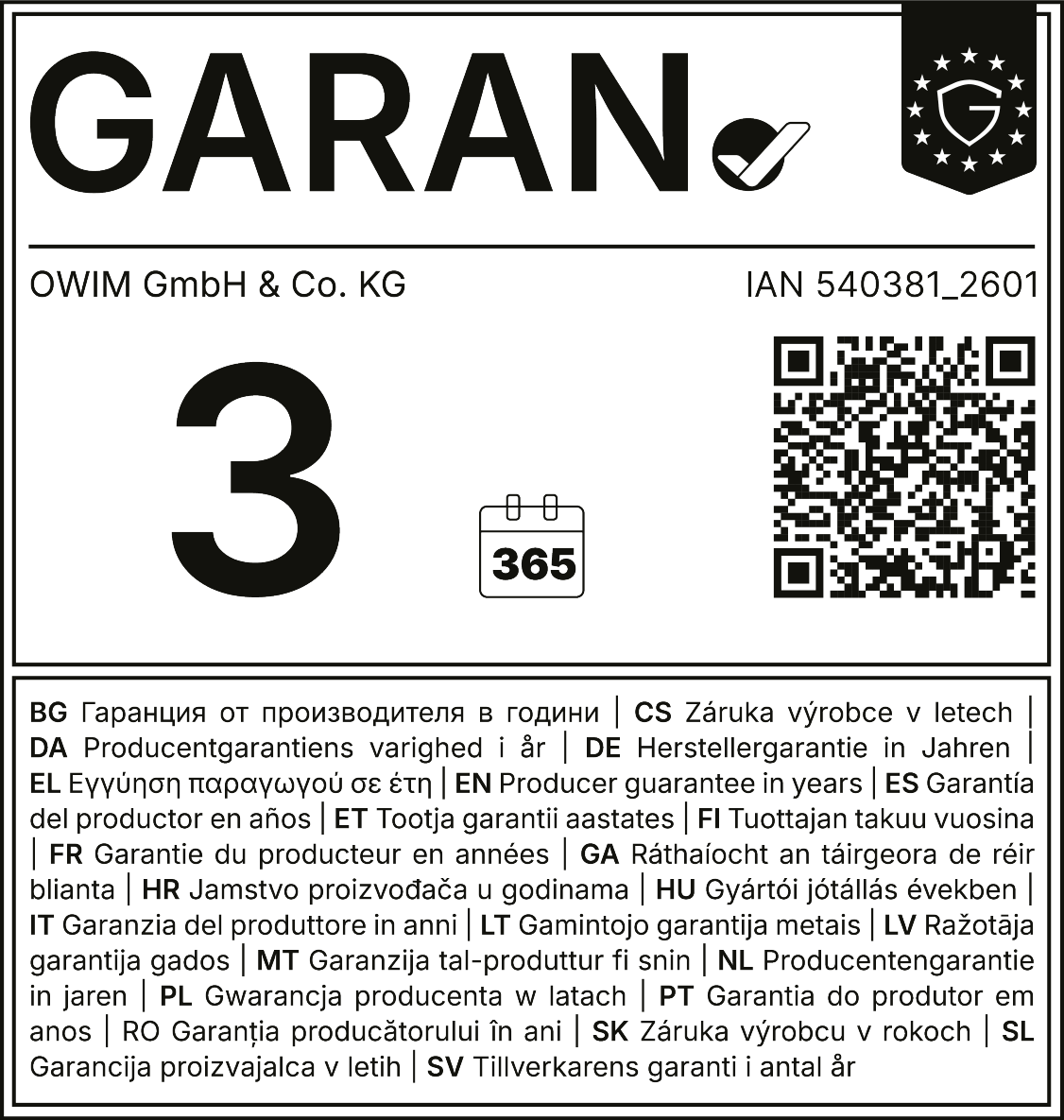 Garantija 3 gadi, 365 dienas, IAN 540381_2601, ar QR kodu.