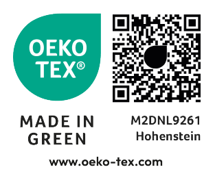 OEKO-TEX MADE IN GREEN marķējums ar kodu M2DNL9261 Hohenstein un QR kodu.