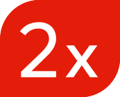 Sarkana emblēma ar baltu tekstu '2x'.