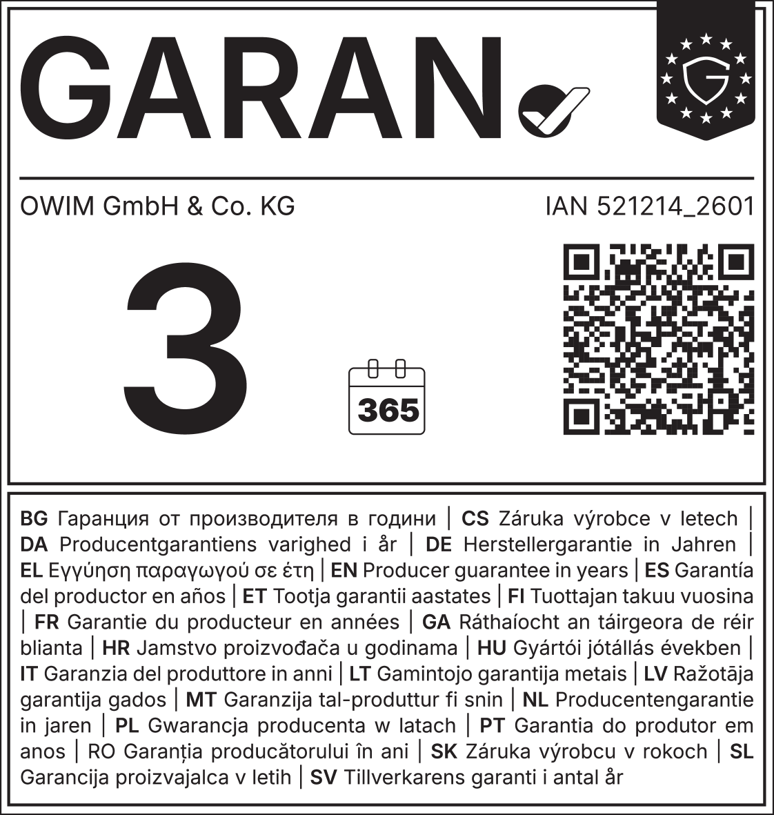 Ražotāja garantijas zīmogs uz 3 gadiem (365 dienām), IAN 521214_2601.