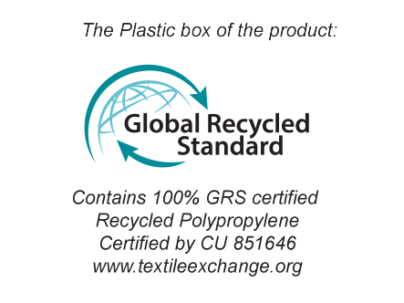 Global Recycled Standard: Satur 100% GRS sertificētu pārstrādātu polipropilēnu, sertificēts ar CU 851646.