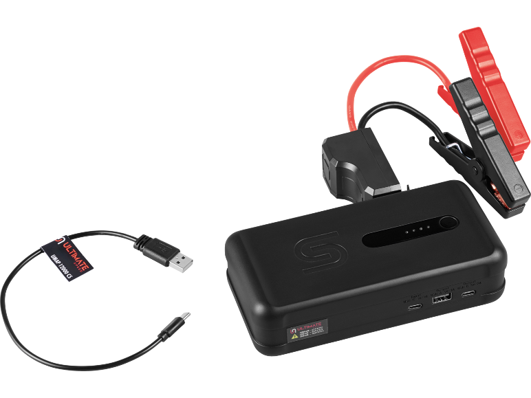 Melns palaišanas starteris ar palaišanas kabeļiem un USB uzlādes kabeli.