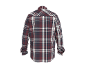 Plaid krekls ar garām piedurknēm bordo, tumši zilā un baltā krāsā, skats no aizmugures.