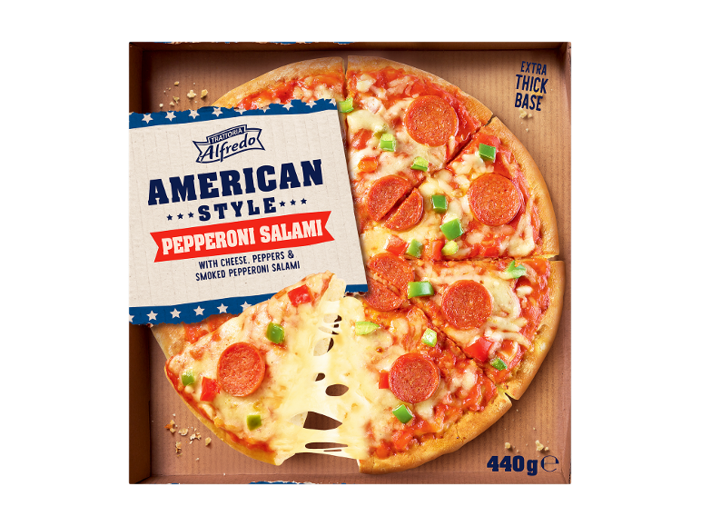 Amerikāņu stila pepperoni salami pica ar īpaši biezu pamatni, 440g.