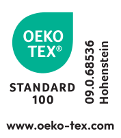 Oeko-Tex Standard 100 marķējums, numurs 09.0.68536 Hohenstein, www.oeko-tex.com