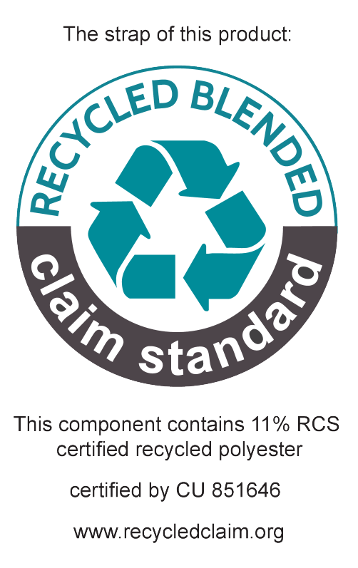 Produkta siksna: Recycled Blended Claim Standard, 11% RCS sertificēts pārstrādāts poliesters, sertificēts ar CU 851646, www.recycledclaim.org