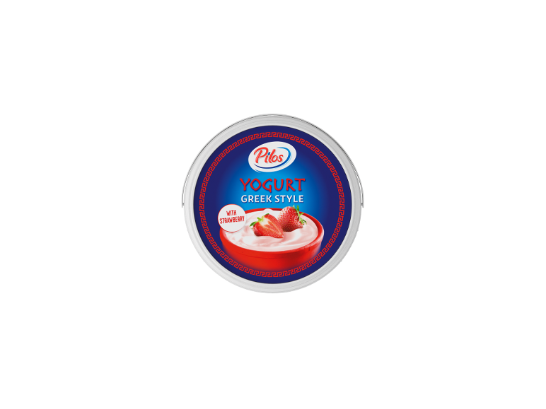 Grieķu jogurts ar zemenēm apaļā iepakojumā ar grieķu rakstu.