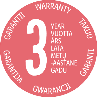 3 gadu garantijas zīmogs vairākās valodās.