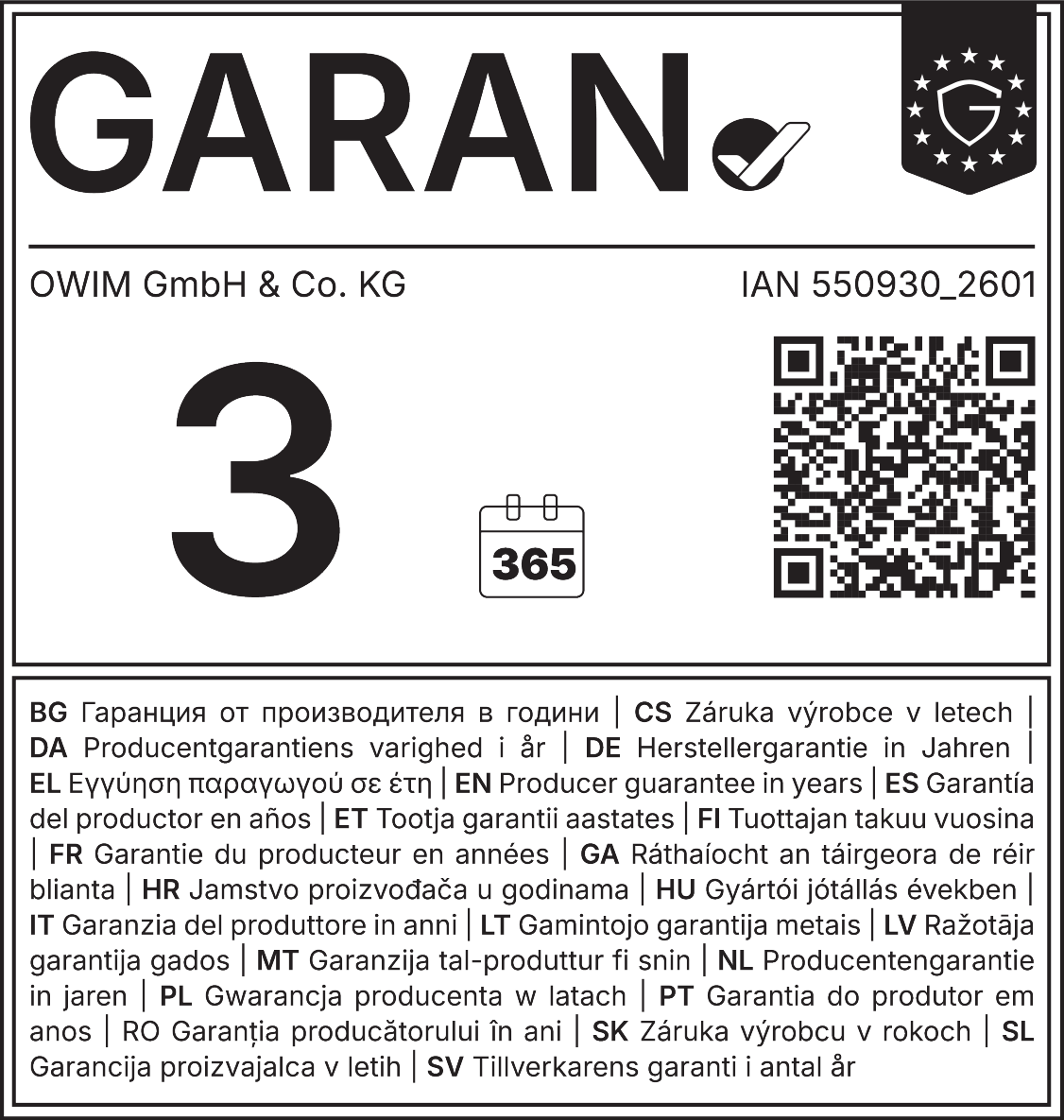 Ražotāja garantija 3 gadi, 365 dienas, IAN 550930_2601.