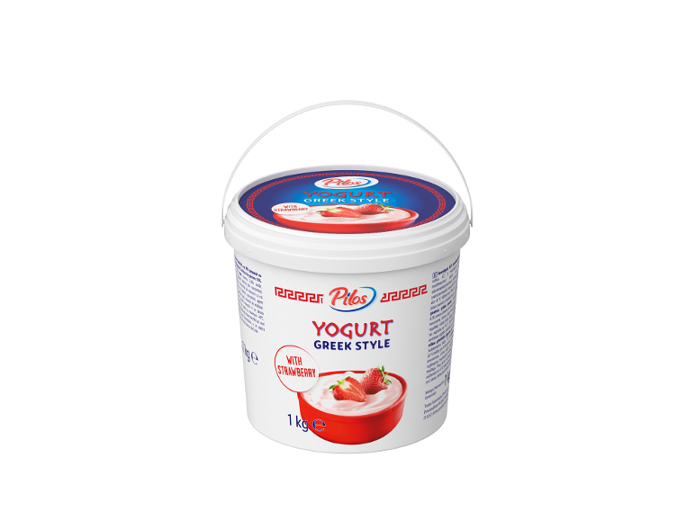 Grieķu jogurts ar zemenēm lielā 1 kg iepakojumā.