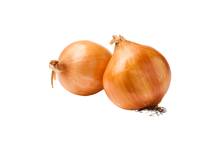 Divi dzelteni sīpoli ar zeltaini brūnu mizu uz melna fona.