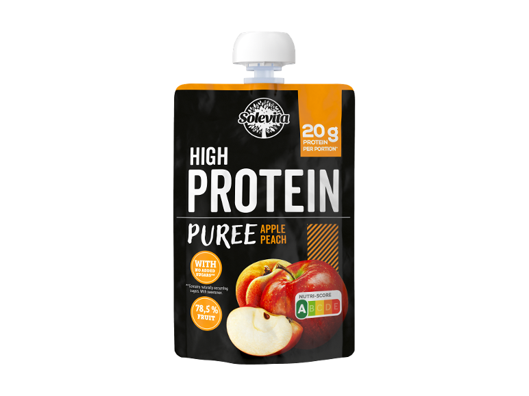 Solevita High Protein ābolu un persiku biezenis paciņā ar 20g olbaltumvielu un Nutri-Score A.