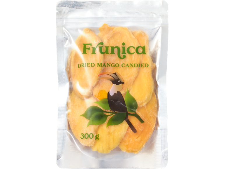 Kandizēti žāvēti mango caurspīdīgā 300 g iepakojumā ar putna zīmējumu