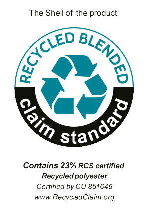 Recycled Blended Claim Standard zīmogs: Satur 23% RCS sertificēta pārstrādāta poliestera.