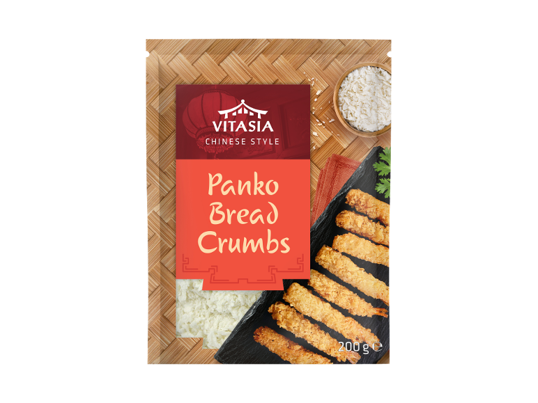 Ķīniešu stila Panko rīvmaize ar panētām garnelēm un bļodu rīvmaizes.