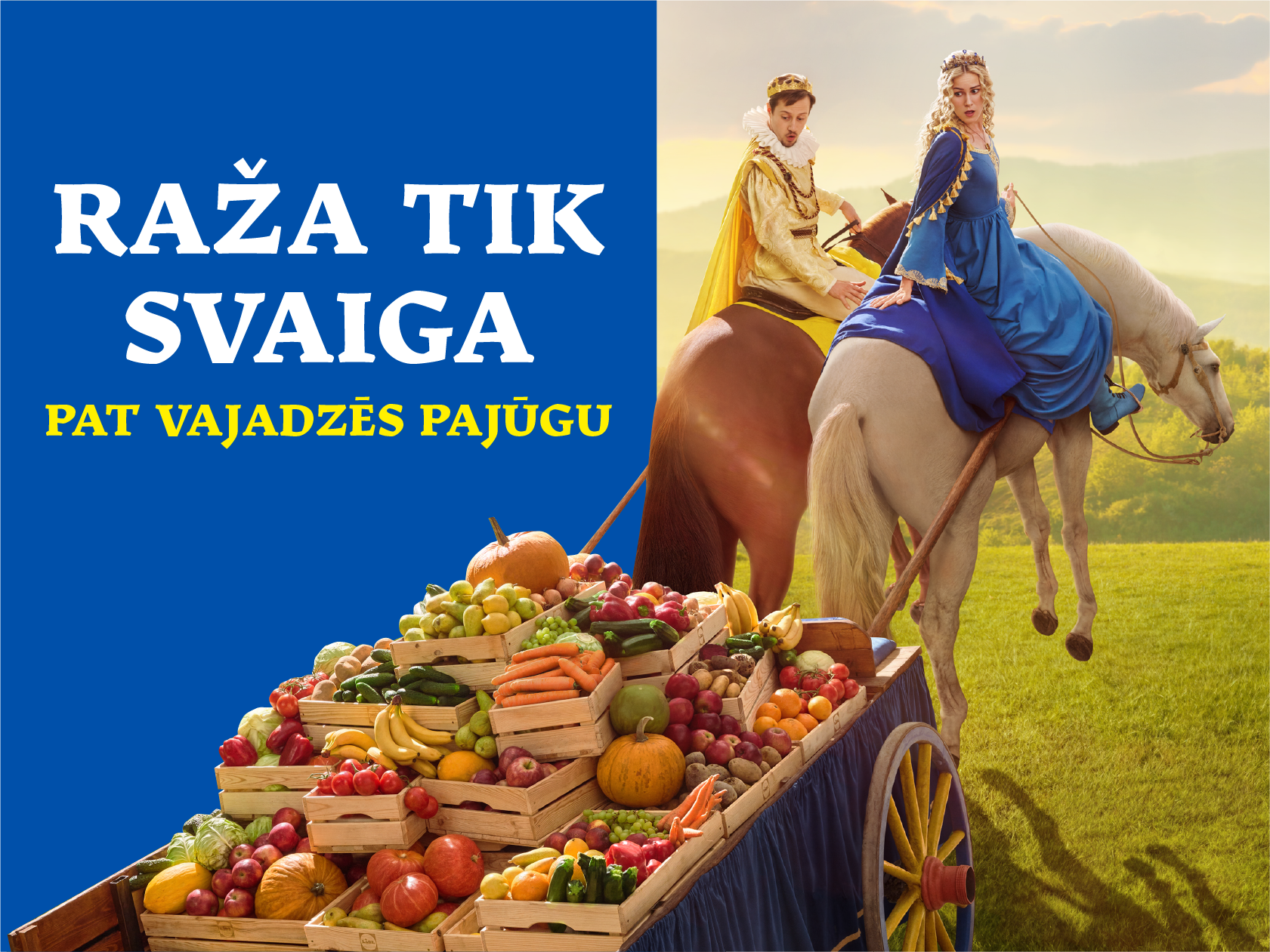 Karalis un karaliene velk ratiņus ar svaigiem augļiem un dārzeņiem.