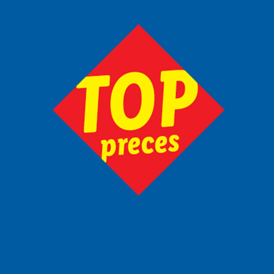 Sarkans rombs ar dzelteniem vārdiem 'TOP preces' uz zila fona.