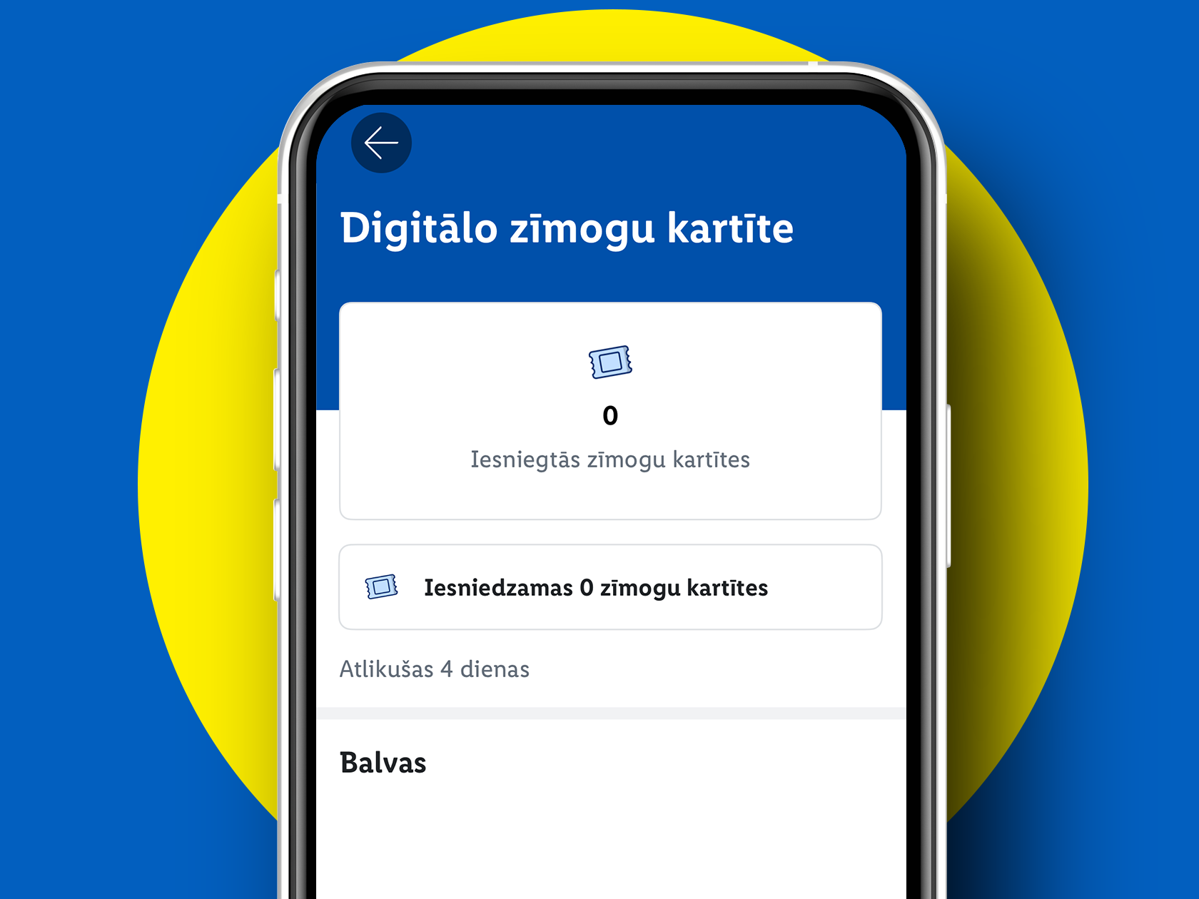 Viedtālruņa ekrāns ar digitālo zīmogu kartīti, kurā redzamas iesniegtās un iesniedzamās kartītes, kā arī atlikušās dienas.