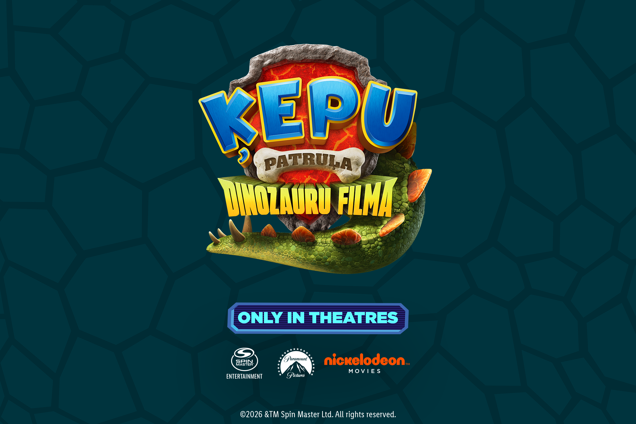 Animācijas filmas plakāts ar kucēniem un dinozauriem, ar uzrakstu 'KEPU PATRULA DINOZAURU FILMA'.