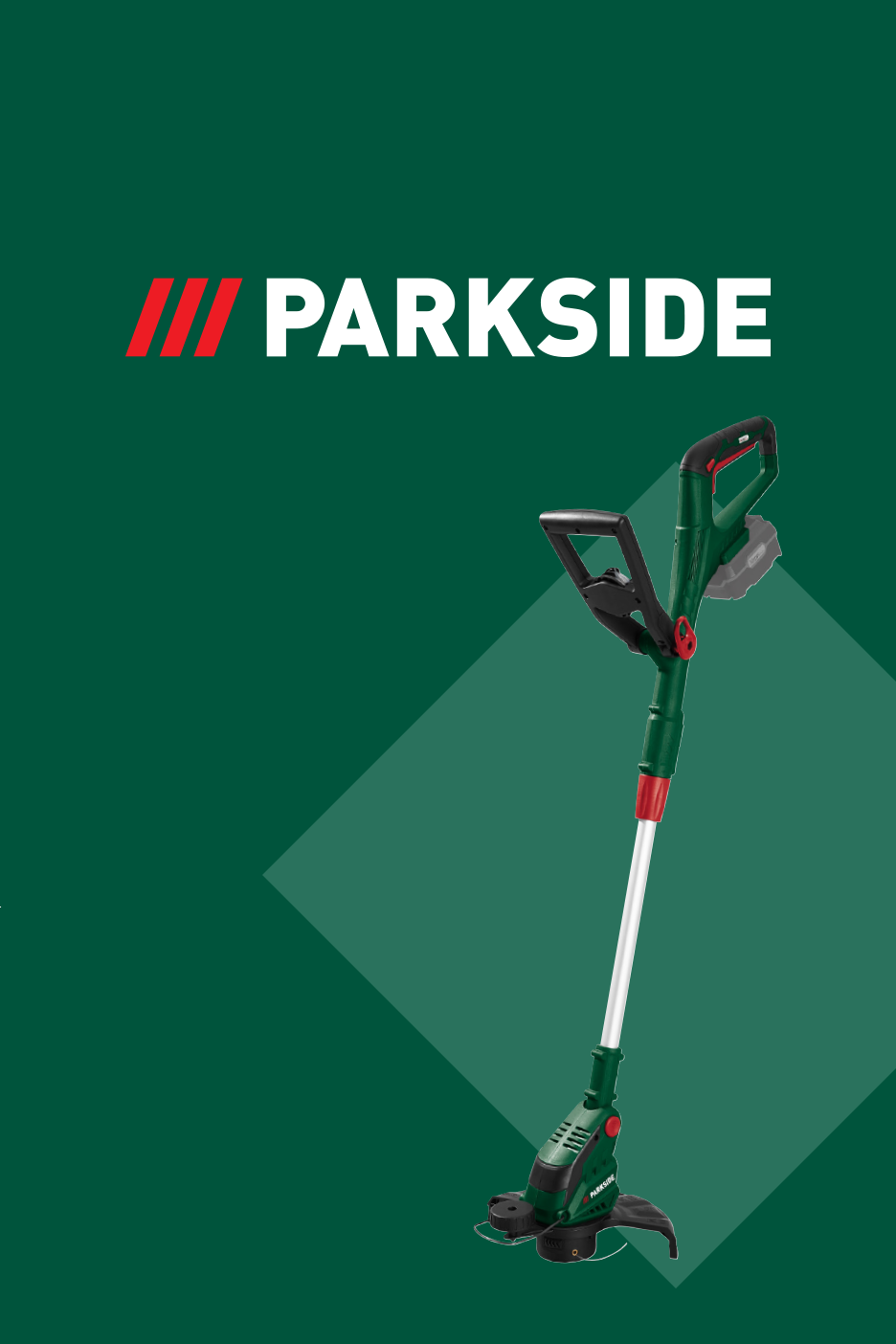 Akumulatora zāles trimmeris uz tumši zaļa fona ar ģeometriskām figūrām.