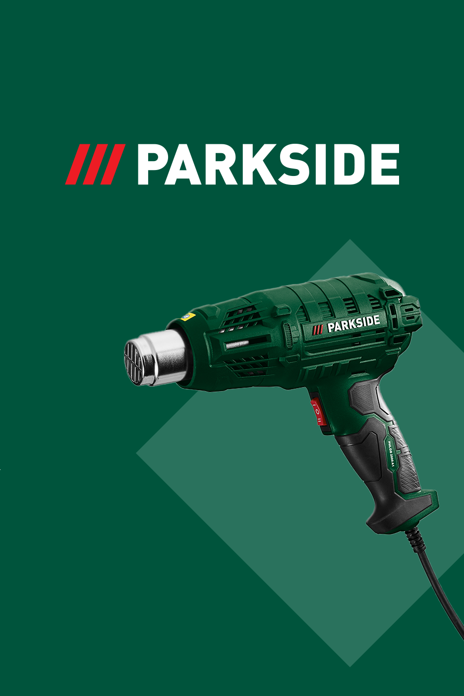 Zaļš karstā gaisa fēns uz tumši zaļa fona ar ģeometriskām figūrām.