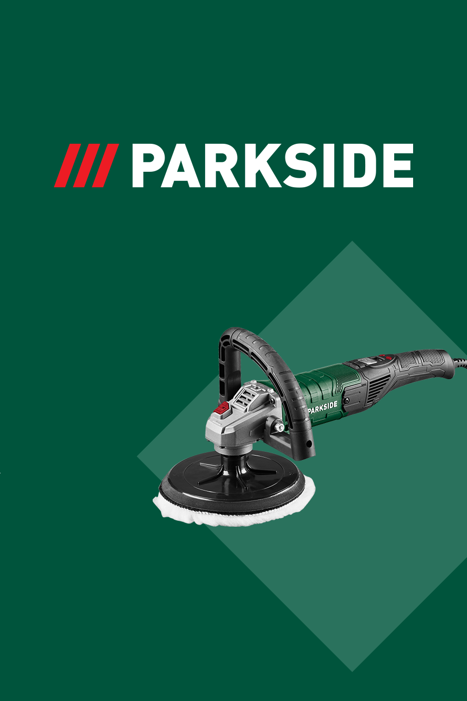 Pulēšanas mašīna uz tumši zaļa fona ar logotipu.