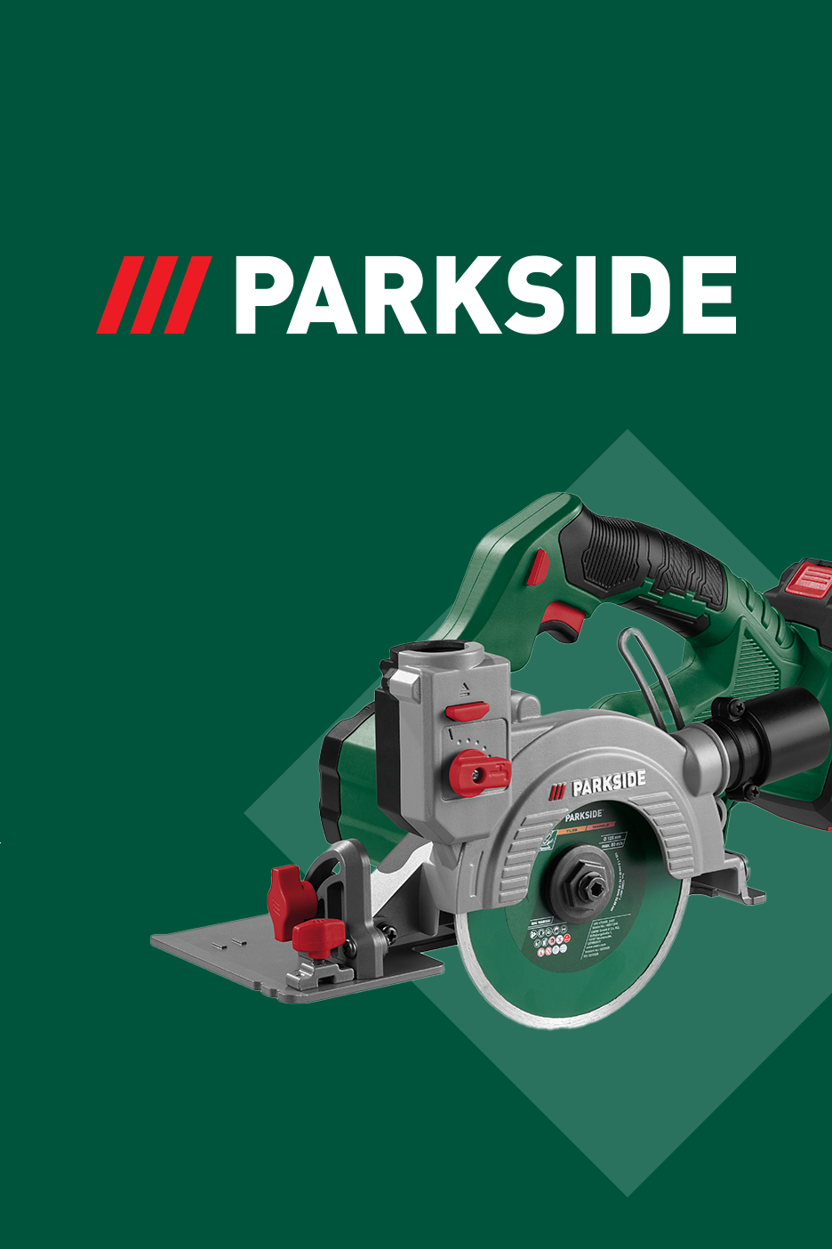 Zaļš ripzāģis ar pelēkām un sarkanām detaļām uz tumši zaļa fona.