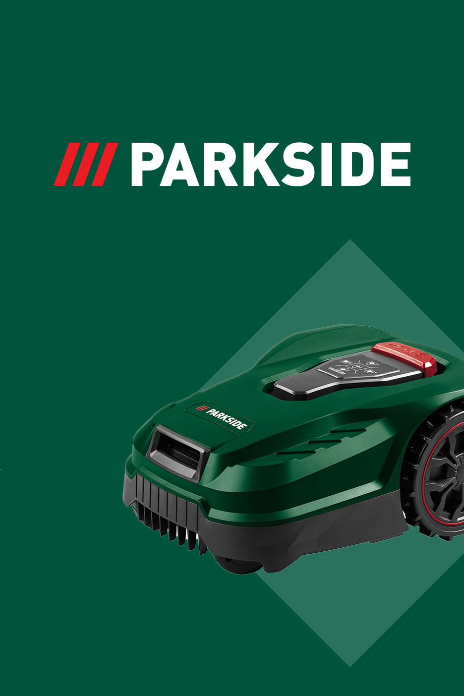 Zaļš robotizēts zāles pļāvējs uz tumši zaļa fona ar baltu tekstu.