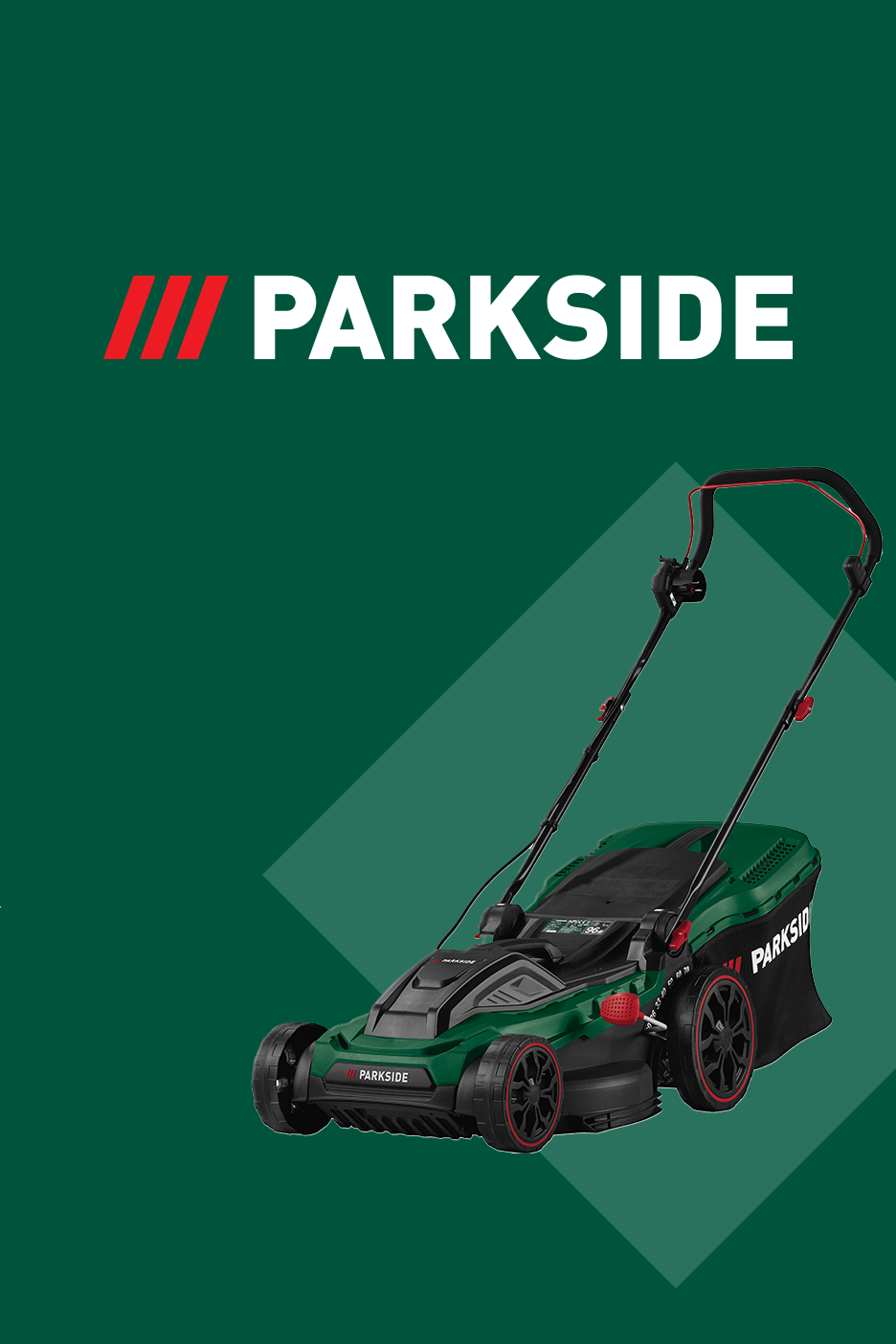 Zaļš zāles pļāvējs uz tumši zaļa fona ar ģeometriskiem rakstiem.