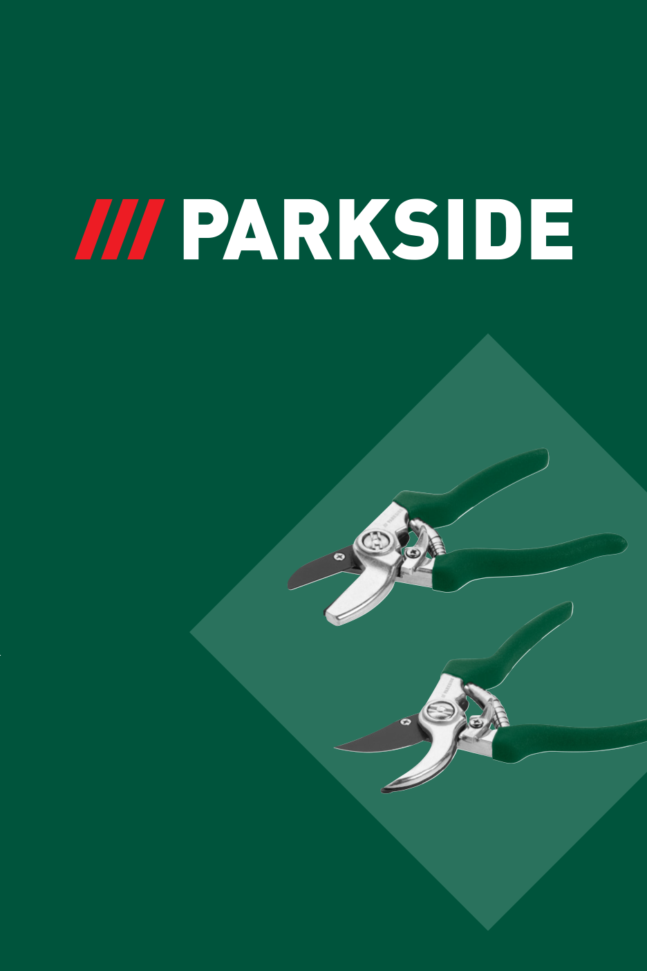 Divi zaļi dārza šķēres uz tumši zaļa fona ar Parkside logotipu.