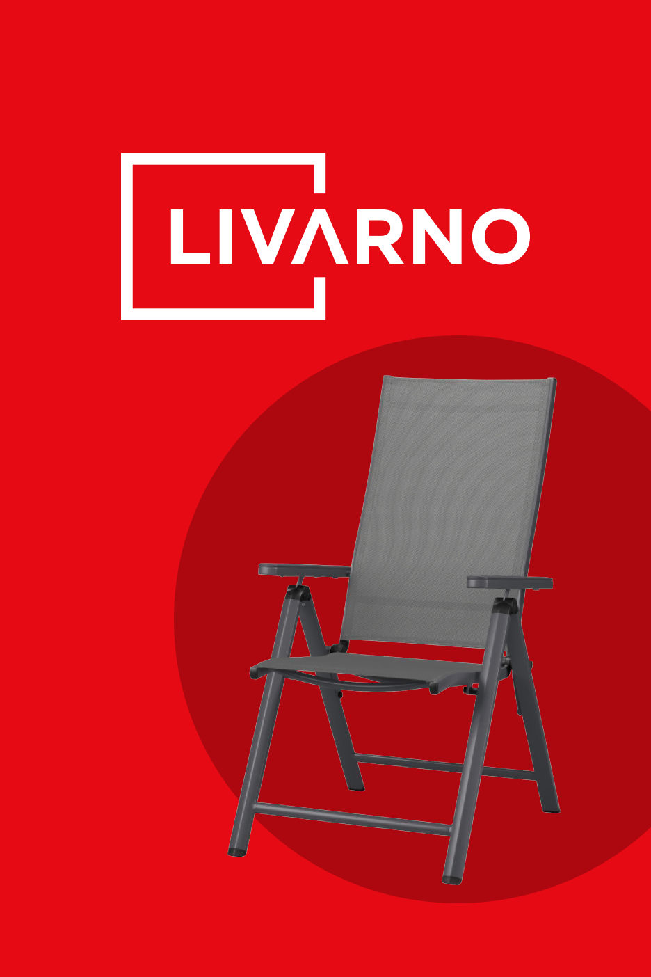 Saliekams dārza krēsls pelēkā krāsā uz sarkana fona ar baltu tekstu.