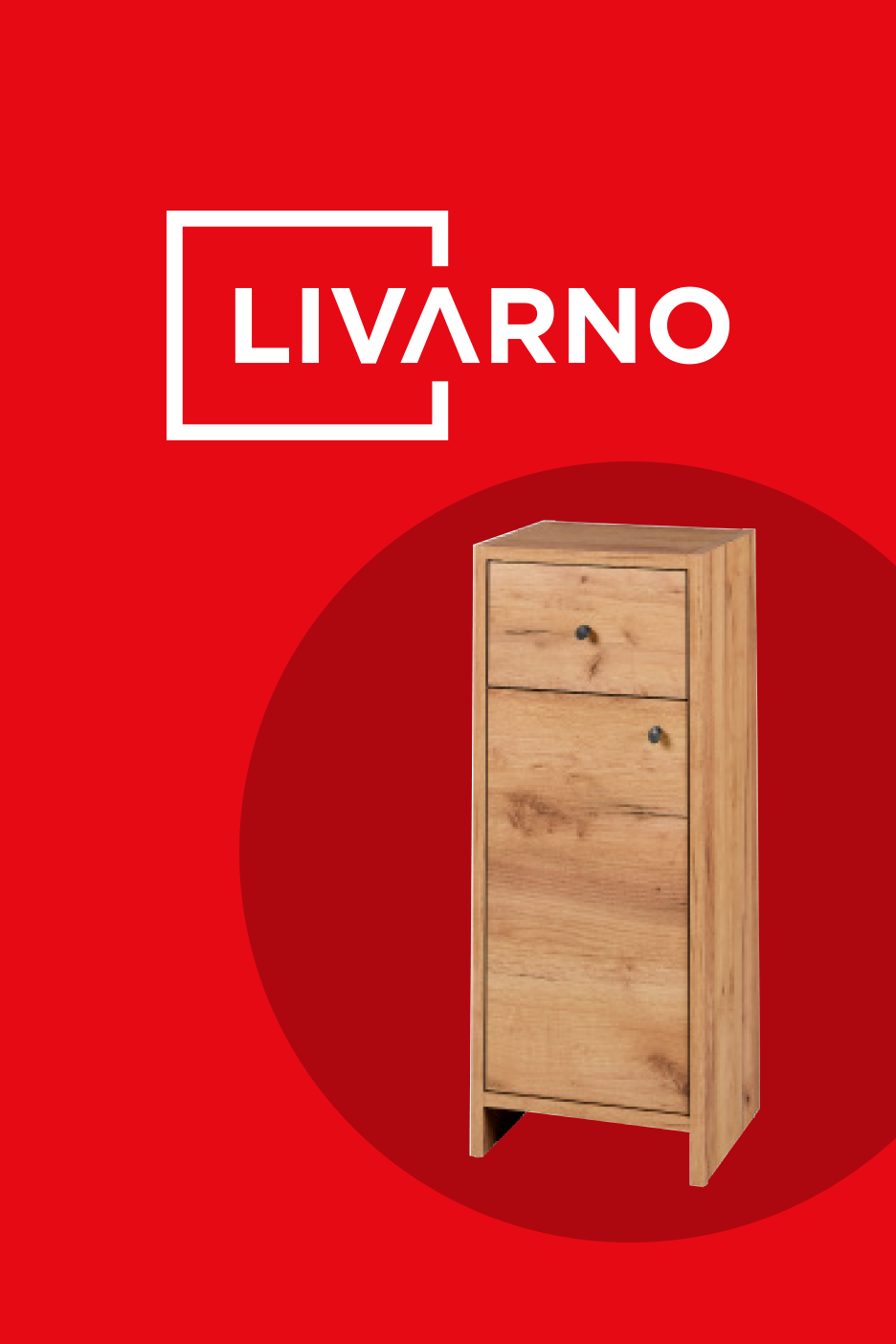 Koka skapis ar divām atvilktnēm uz sarkana fona.