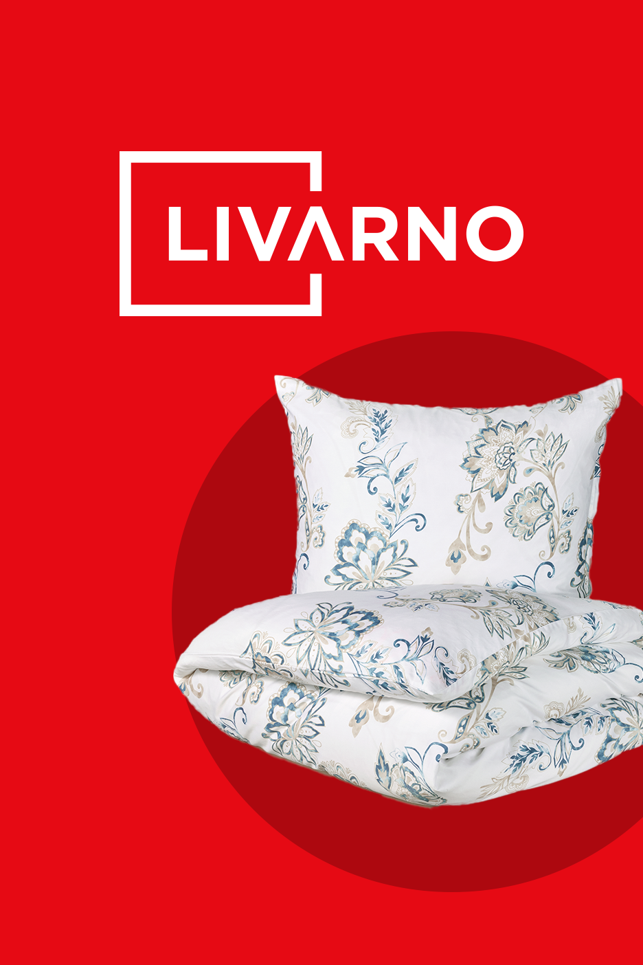 Balta gultas veļa ar zili-bēšu ziedu rakstu uz sarkana fona.