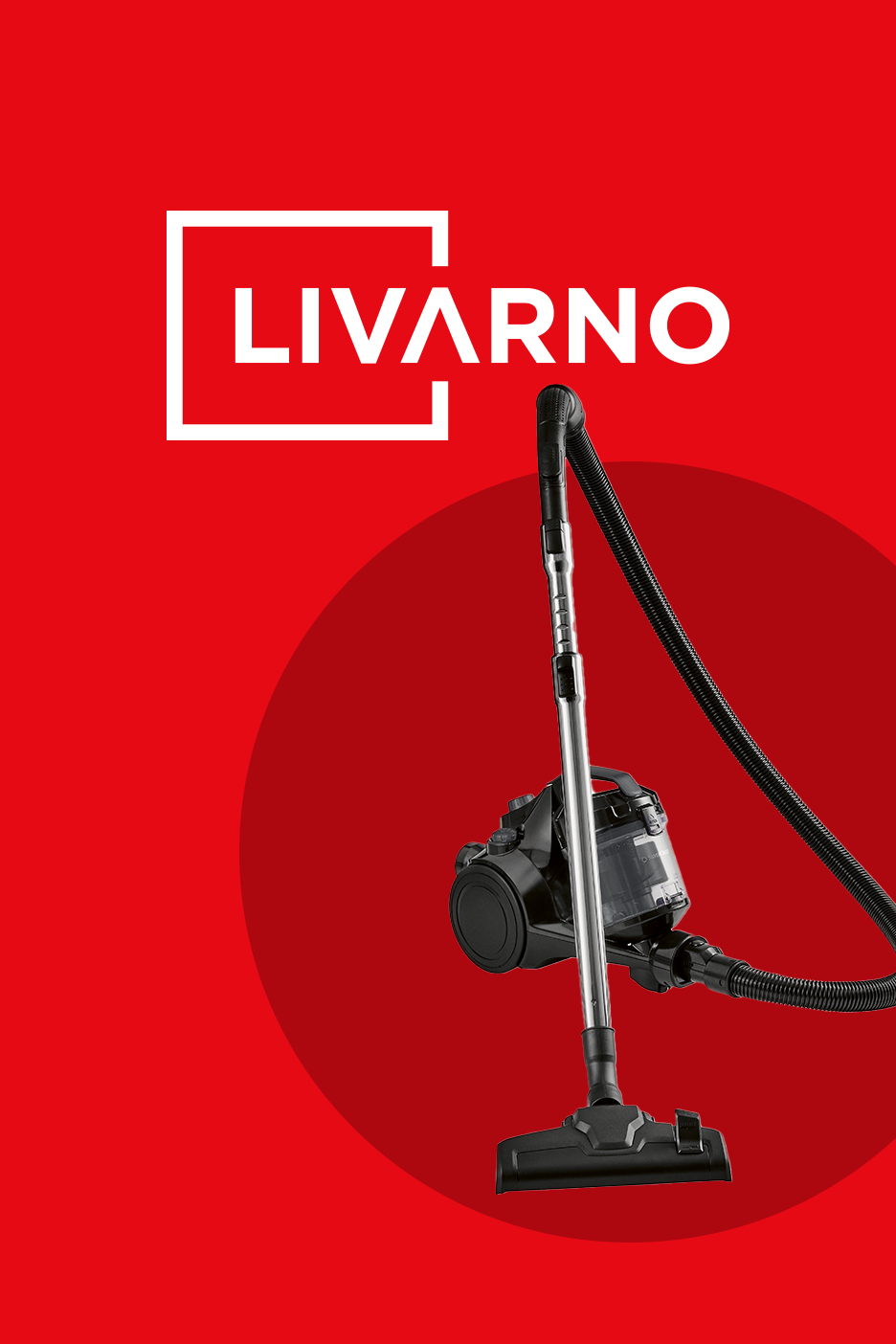 Putekļsūcējs uz sarkana fona ar baltu logotipu.