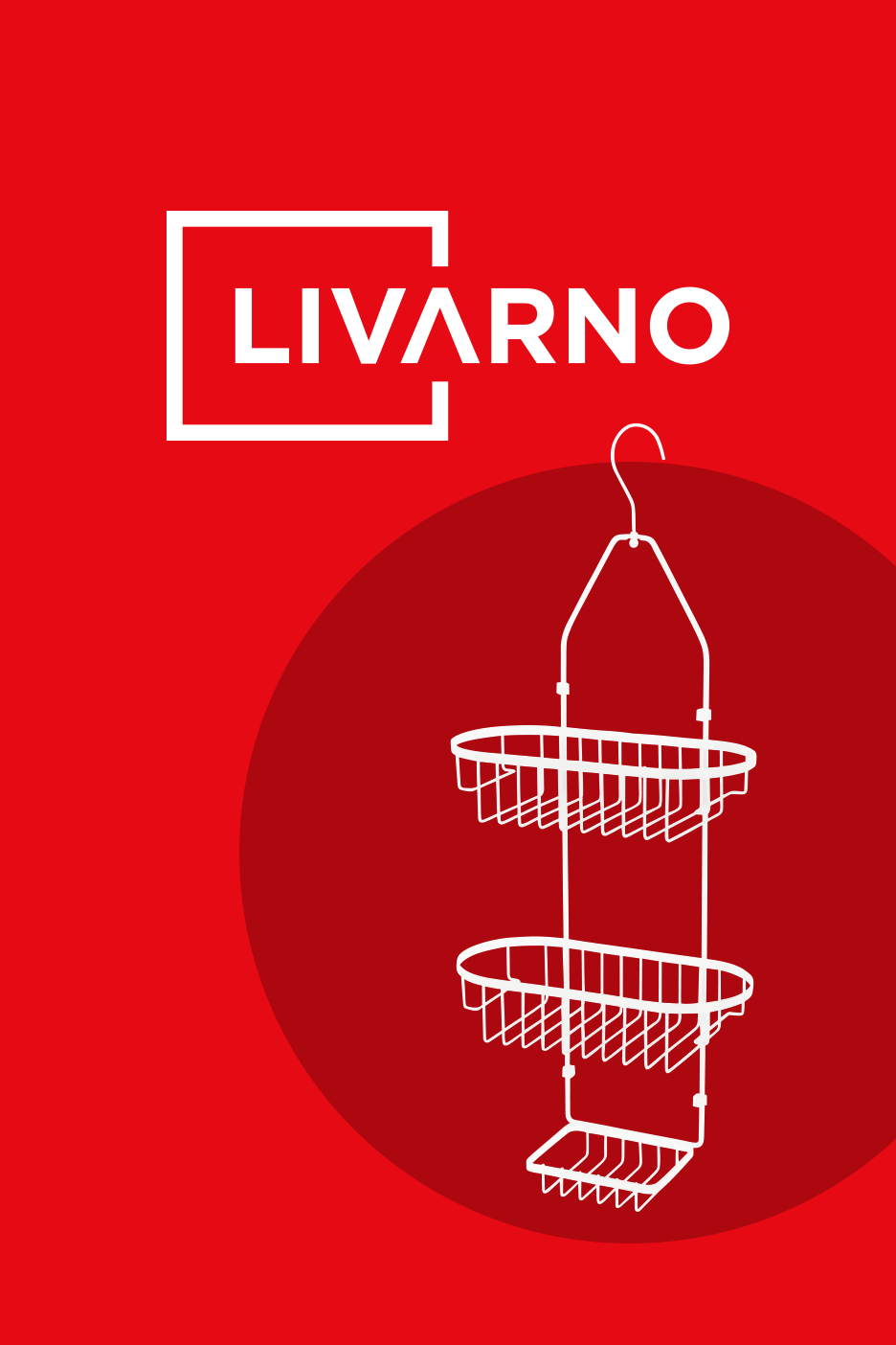 Balts piekaramais dušas plaukts uz sarkana fona ar logotipu.