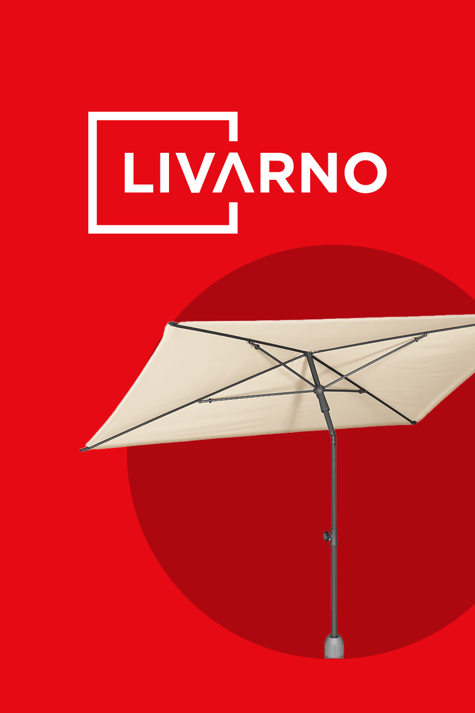 Bēšs dārza saulessargs uz sarkana fona ar LIVARNO logotipu