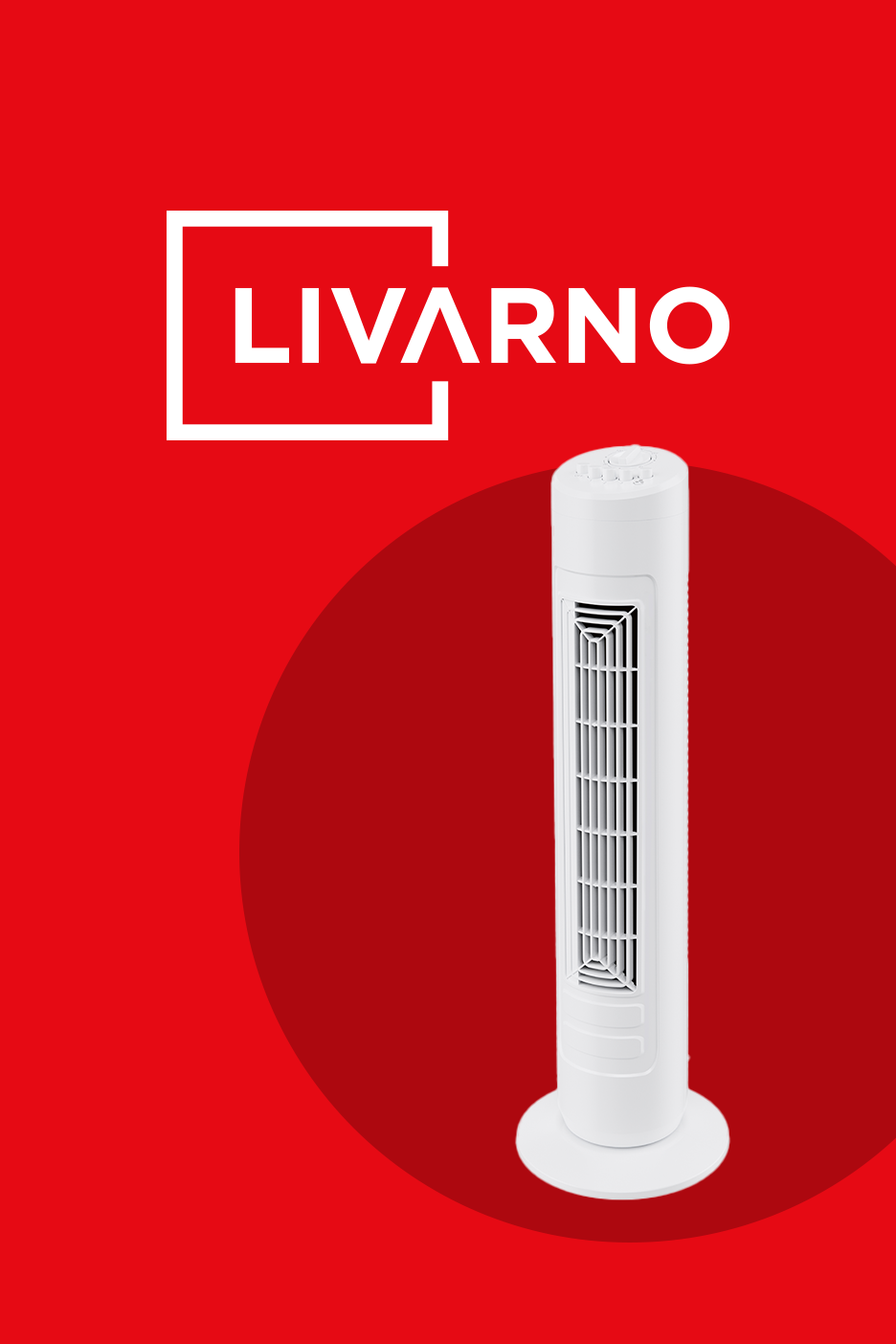 Balts torņa ventilators uz sarkana fona ar baltu logotipu.